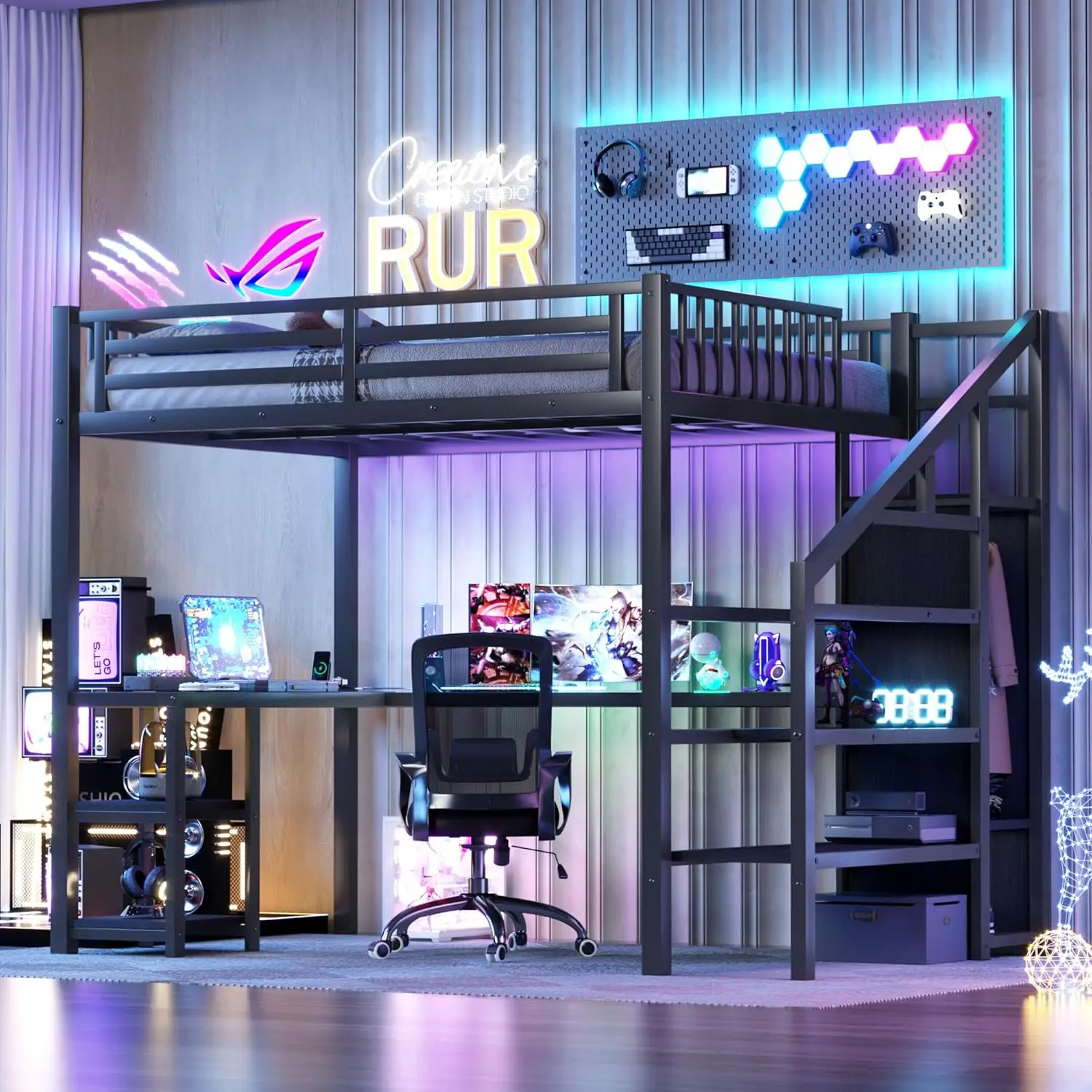 Full Size Loft Bed with Desk and Stairs, Gaming Loft Bed with RGB LED Light and Storage, Heavy-duty Metal Lofts, Customized
Full Size Loft Bed with Desk and Stairs, Gaming Loft Bed with RGB LED Light and Storage, Heavy-duty Metal Lofts, Customized