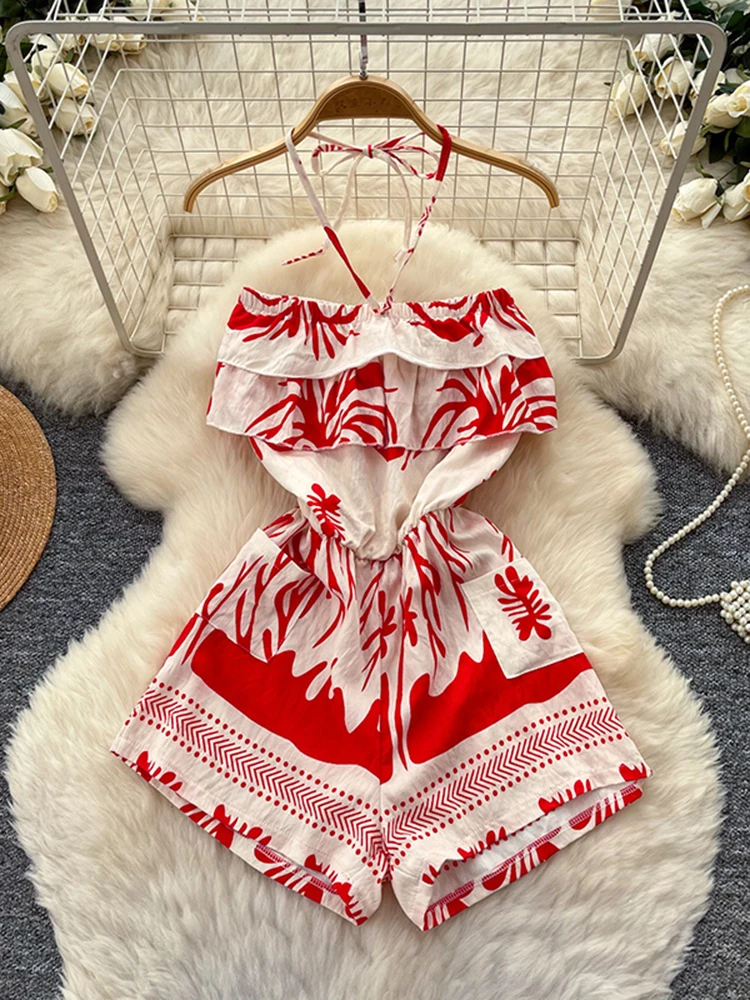 Summer vacation style hanging neck printed sexy backless Playsuits women's new sleeveless high waisted loose beach jumpsuit C528
Summer vacation style hanging neck printed sexy backless Playsuits women's new sleeveless high waisted loose beach jumpsuit C528