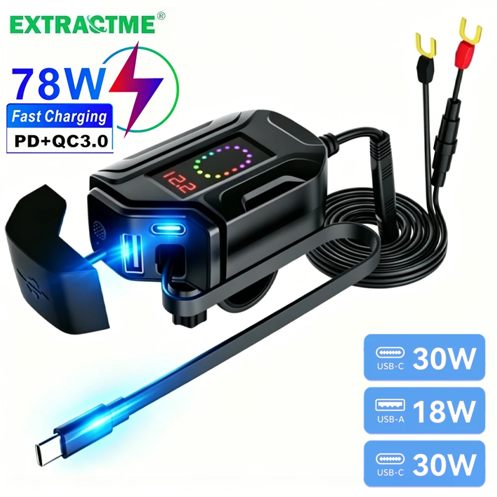 Extractme 78W Motorcycle Quick Charger PD+QC3.0 Phone Power Socket with Digital Switch Voltmeter Retractable Cable Waterproof
Extractme 78W Motorcycle Quick Charger PD+QC3.0 Phone Power Socket with Digital Switch Voltmeter Retractable Cable Waterproof