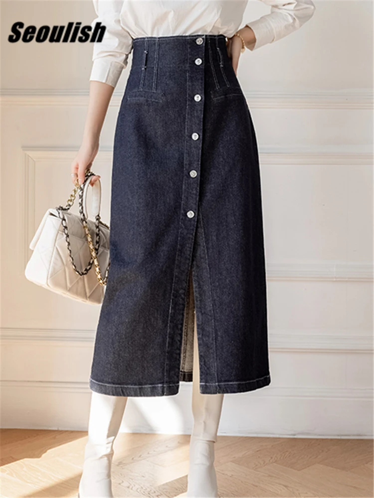 Seoulish 2023 New Single Breasted Women's Denim Long Skirts High Waist Spring Summer Front Split Jeans A-Line Skirts Female
Seoulish 2023 New Single Breasted Women's Denim Long Skirts High Waist Spring Summer Front Split Jeans A-Line Skirts Female