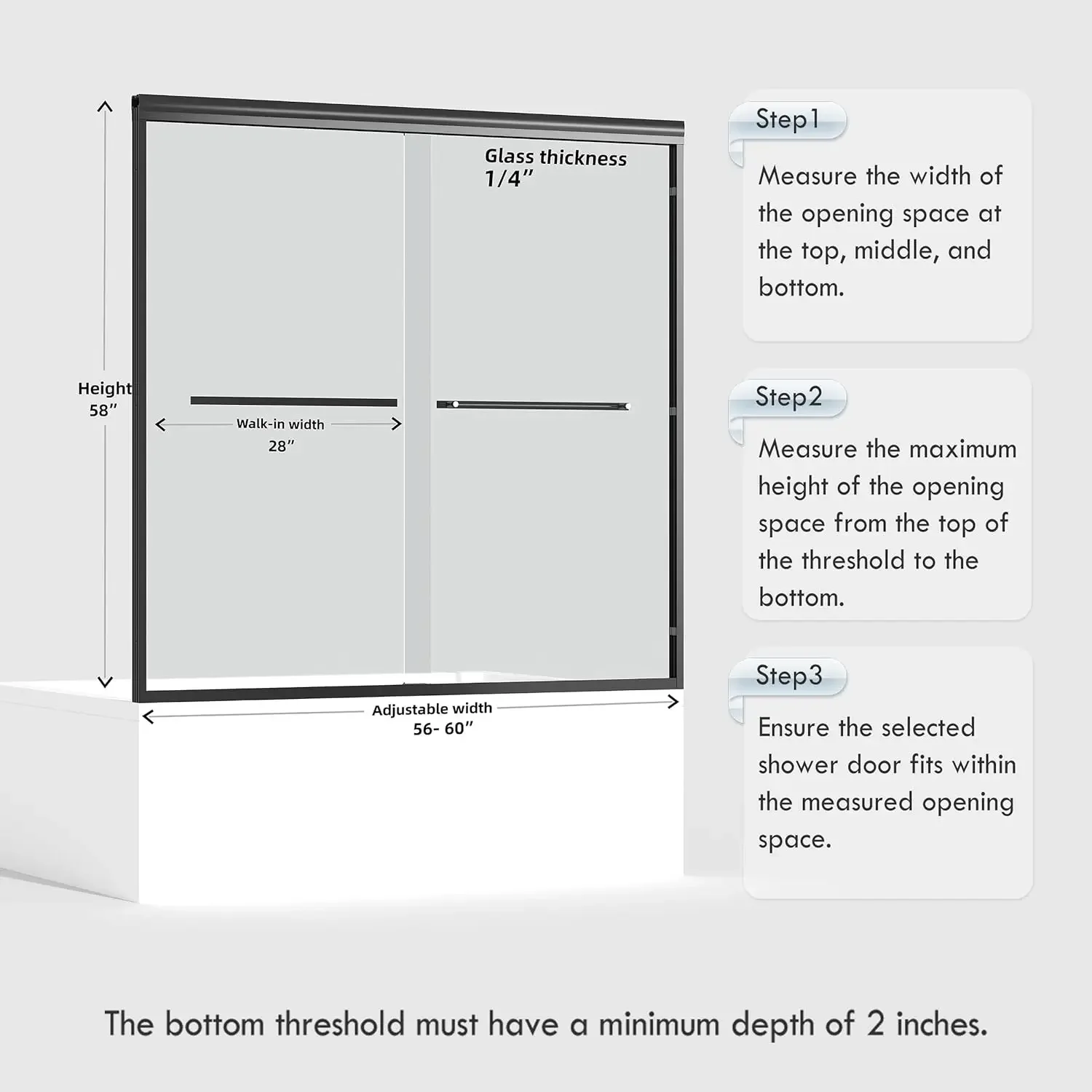 60" W x 58" H Semi-Frameless Bypass Sliding Bathtub Shower Door, Easy-to-Clean Treated Clear Tempered Glass, Matte Black
60" W x 58" H Semi-Frameless Bypass Sliding Bathtub Shower Door, Easy-to-Clean Treated Clear Tempered Glass, Matte Black