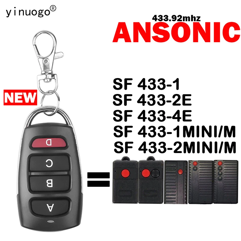 ANSONIC SF 433-1 433-2E 433-4E 433-1MINI/M 433-2MINI/M Пульт дистанционного управления гаражными воротами 433 МГц с фиксированным кодом Электронное управление воротами
ANSONIC SF 433-1 433-2E 433-4E 433-1MINI/M 433-2MINI/M Пульт дистанционного управления гаражными воротами 433 МГц с фиксированным кодом Электронное управление воротами