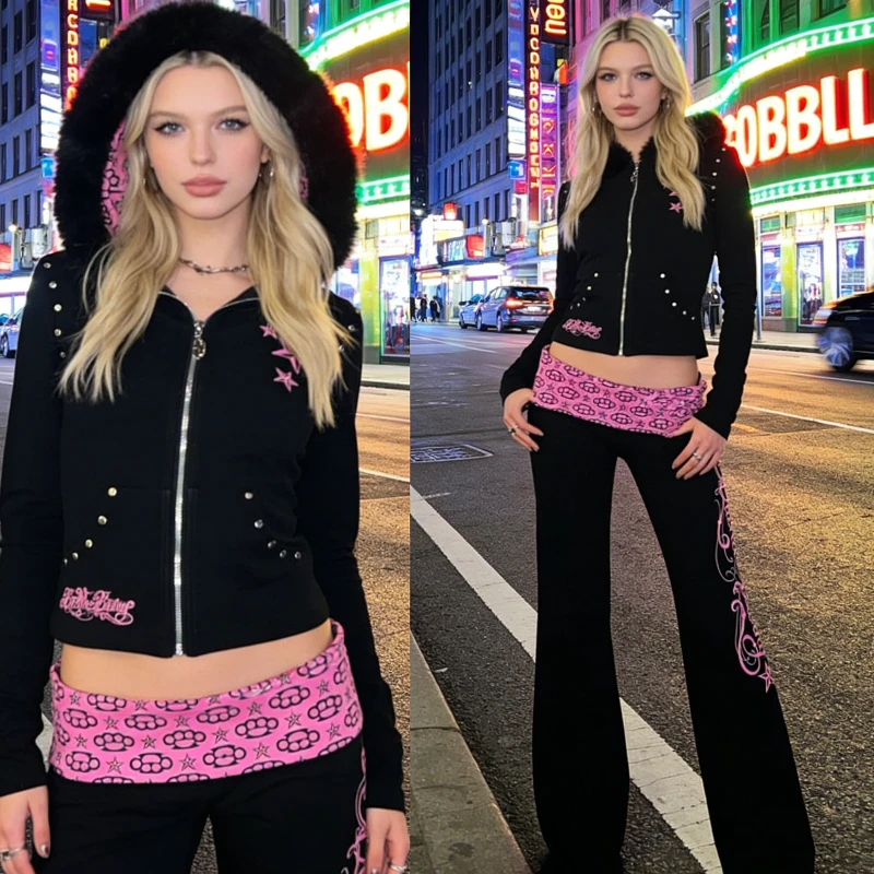 Y2K Sweet and cool black pink flared pants Waist-head printed decorated slim- fitting trousers Side cursive print Casual pants
Y2K Sweet and cool black pink flared pants Waist-head printed decorated slim- fitting trousers Side cursive print Casual pants