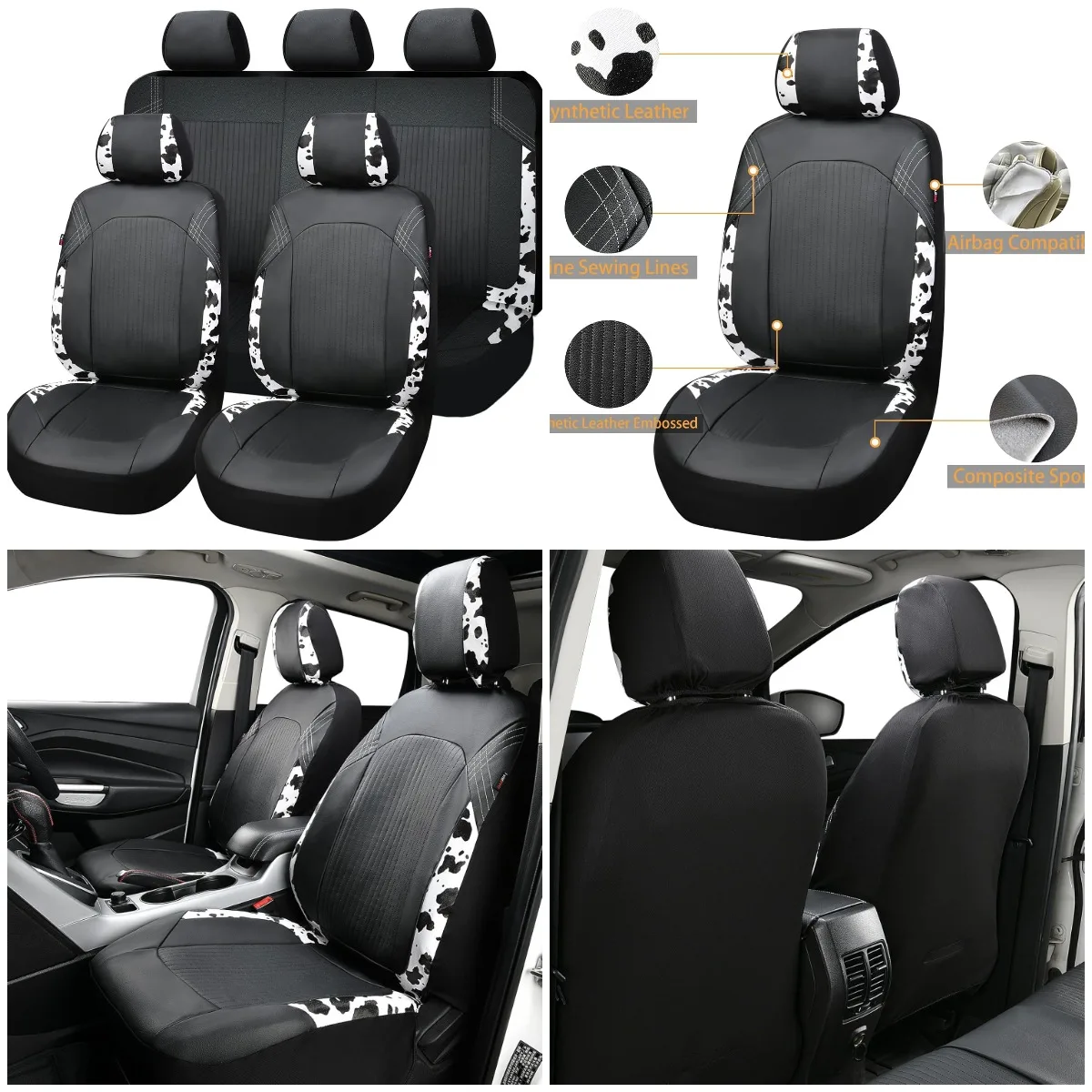 Synthetic Leather Car Seat Covers Full Set Black & Cow Print, Easy Install, Front Rear Bench, Cup Holder Included
Synthetic Leather Car Seat Covers Full Set Black & Cow Print, Easy Install, Front Rear Bench, Cup Holder Included
