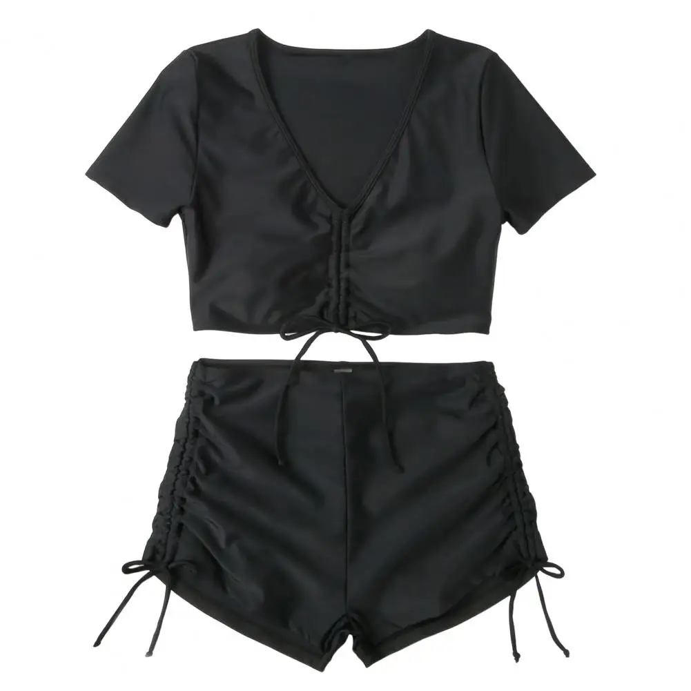 Lightweight Swimsuit Stylish Women's Summer Bikini Set with V-neck Top High Waist Drawstring Trunks Solid Color for Quick
Lightweight Swimsuit Stylish Women's Summer Bikini Set with V-neck Top High Waist Drawstring Trunks Solid Color for Quick