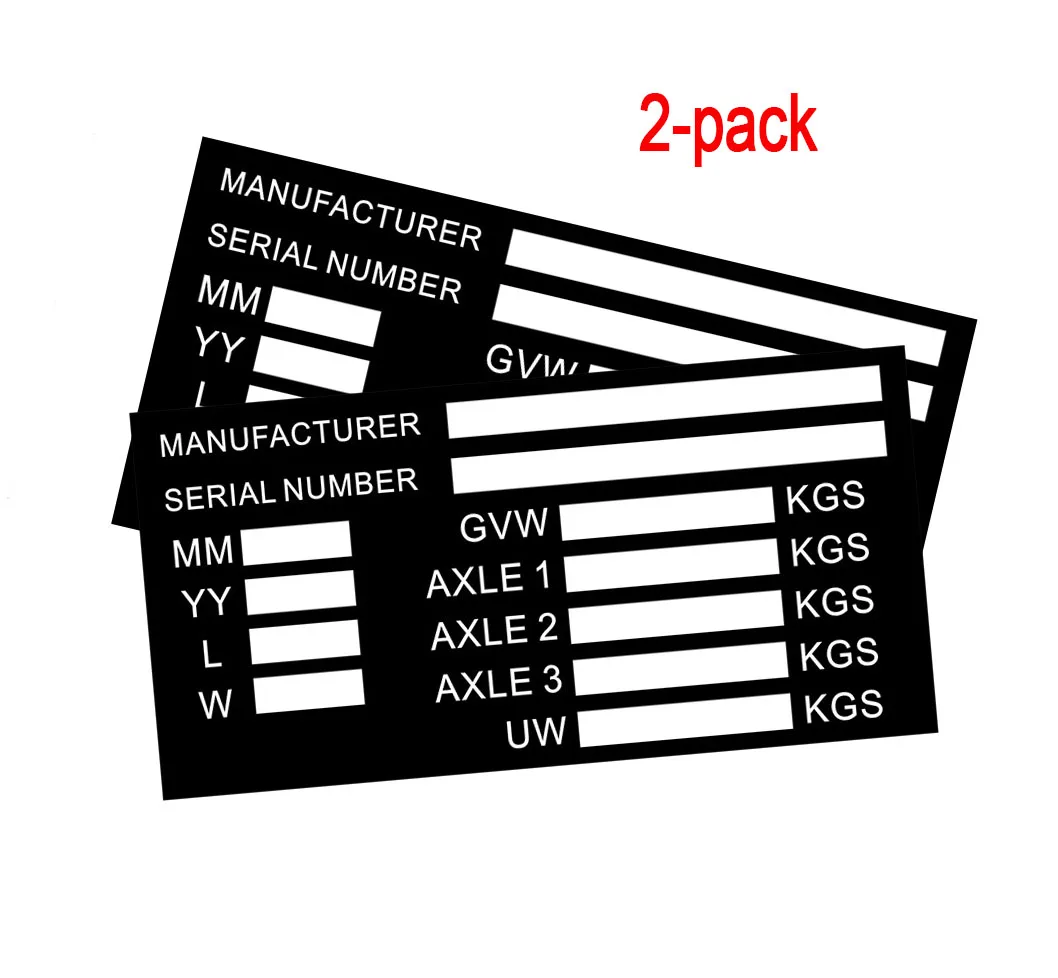 2-PACK VEHICLE TRUCK BOAT Trailer Blank VIN & Weight AXLE Chassis Plate 140mm x 70mm Identification Number
2-PACK VEHICLE TRUCK BOAT Trailer Blank VIN & Weight AXLE Chassis Plate 140mm x 70mm Identification Number