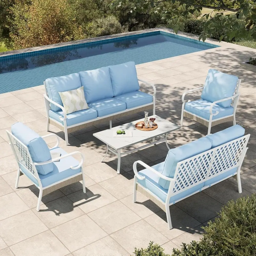 Комплект садовой мебели из 5 предметов на 7 мест, устойчивый к непогоде, включает диван, кушетку, стулья и кофейный столик, подходит для использования на открытом воздухе
Комплект садовой мебели из 5 предметов на 7 мест, устойчивый к непогоде, включает диван, кушетку, стулья и кофейный столик, подходит для использования на открытом воздухе