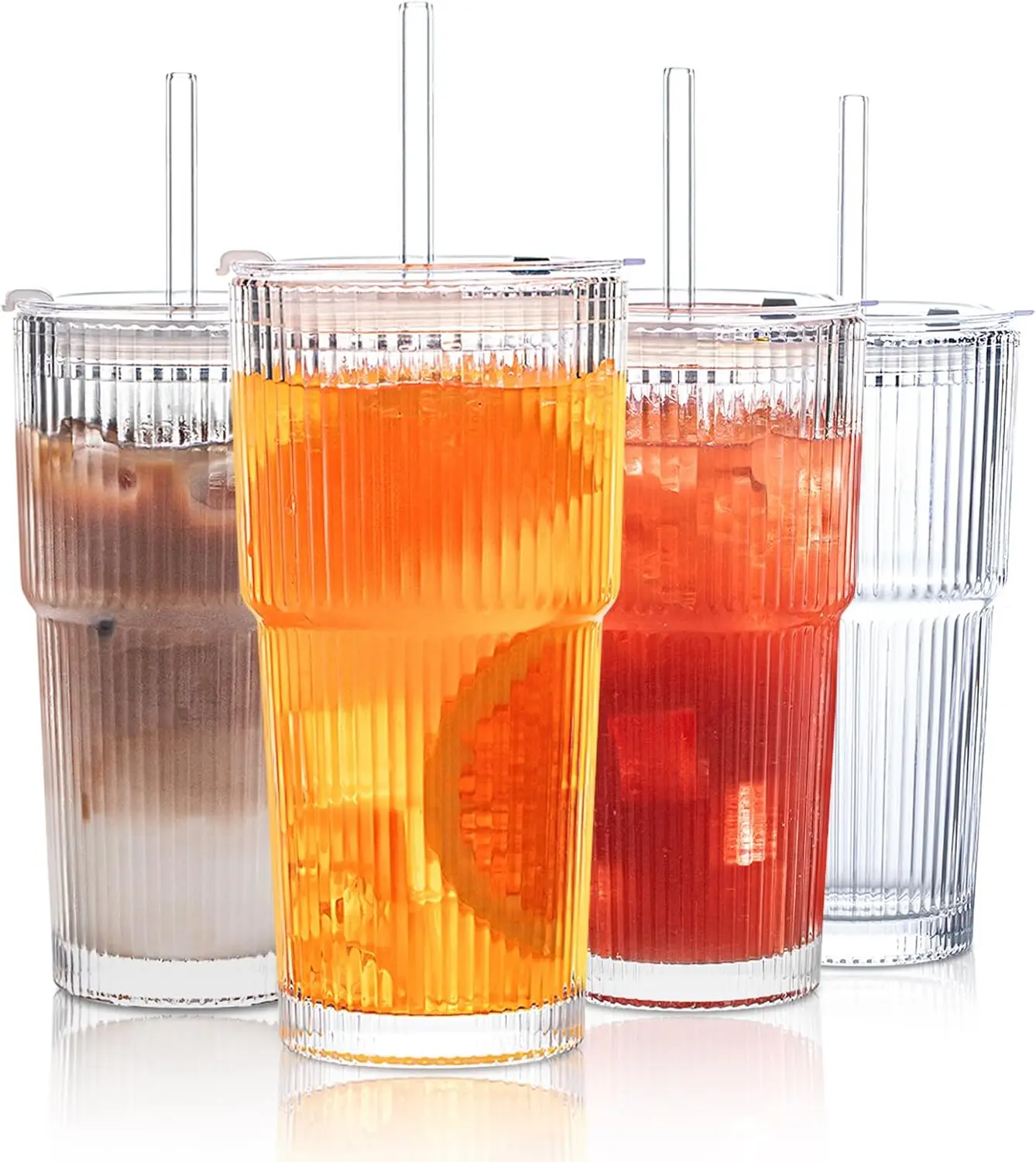 20 oz Ribbed Glass Tumblers with Lids Glass Straws 4 Piece Set Thickened Wall for Iced Coffee Smoothies Cocktails Juices Durable
20 oz Ribbed Glass Tumblers with Lids Glass Straws 4 Piece Set Thickened Wall for Iced Coffee Smoothies Cocktails Juices Durable