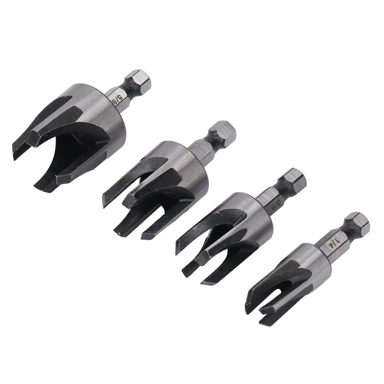 Tapered Plug Cutter Set of 4 1/4in Hex Shank Claw Type Imperial Taper Cutting Tool Silver
Tapered Plug Cutter Set of 4 1/4in Hex Shank Claw Type Imperial Taper Cutting Tool Silver
