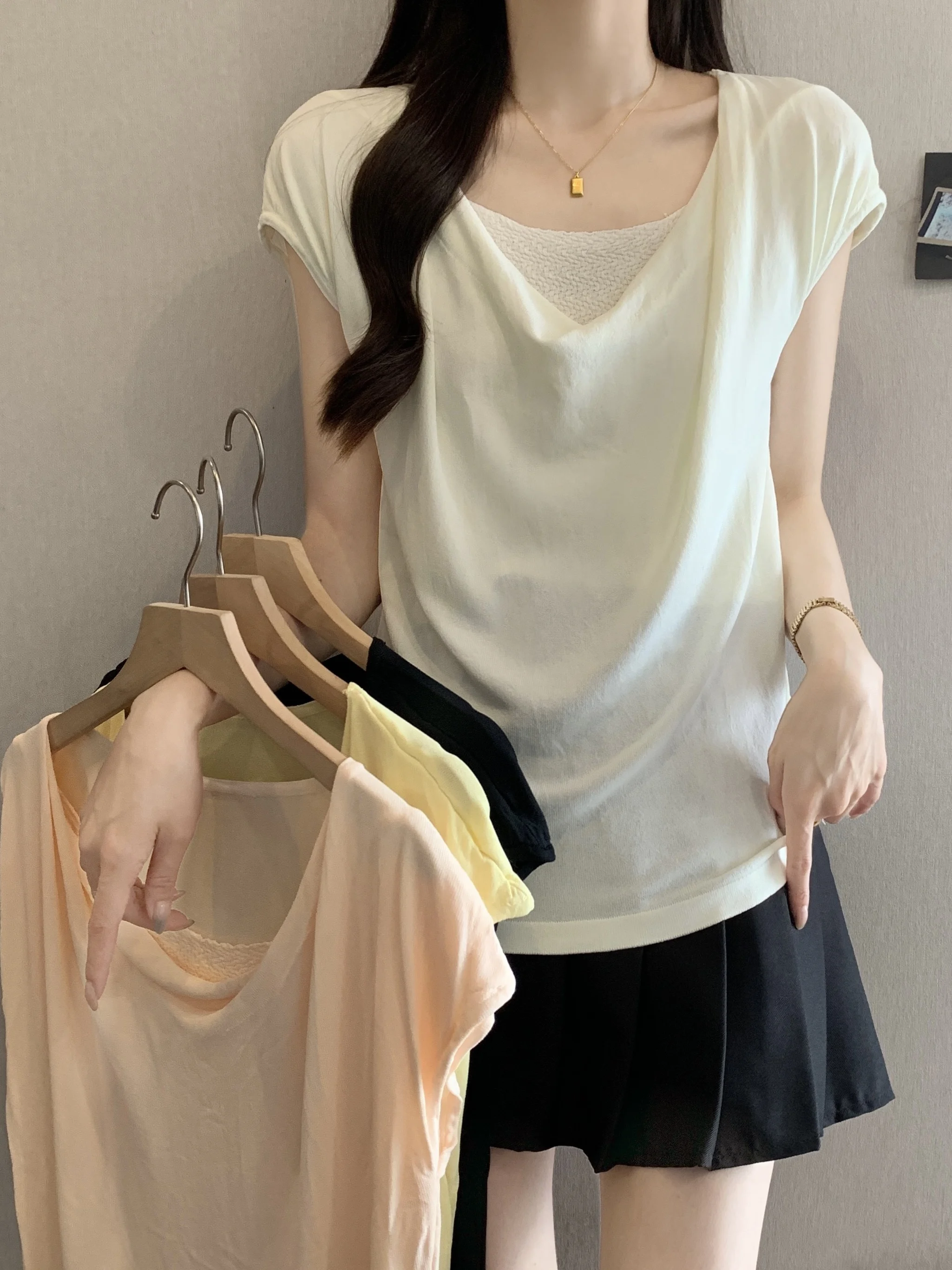 Loose Knitted Casual Top Women plus Size Waist-Cinched Draped Feel Short Sleeve round Neck Color Summer Fashion plus MM
Loose Knitted Casual Top Women plus Size Waist-Cinched Draped Feel Short Sleeve round Neck Color Summer Fashion plus MM