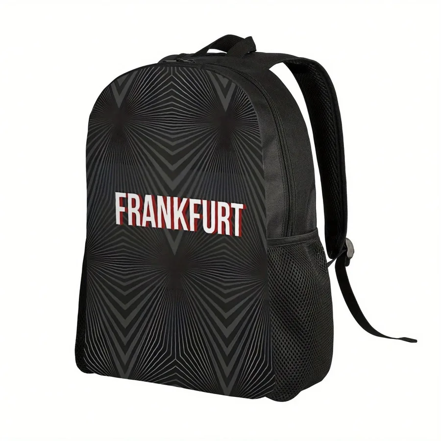 Lightweight Black Backpack With Red Frankfurt Text, Adjustable Straps, Zipper Closure, Mesh Panel, Urban Casual Style
Lightweight Black Backpack With Red Frankfurt Text, Adjustable Straps, Zipper Closure, Mesh Panel, Urban Casual Style