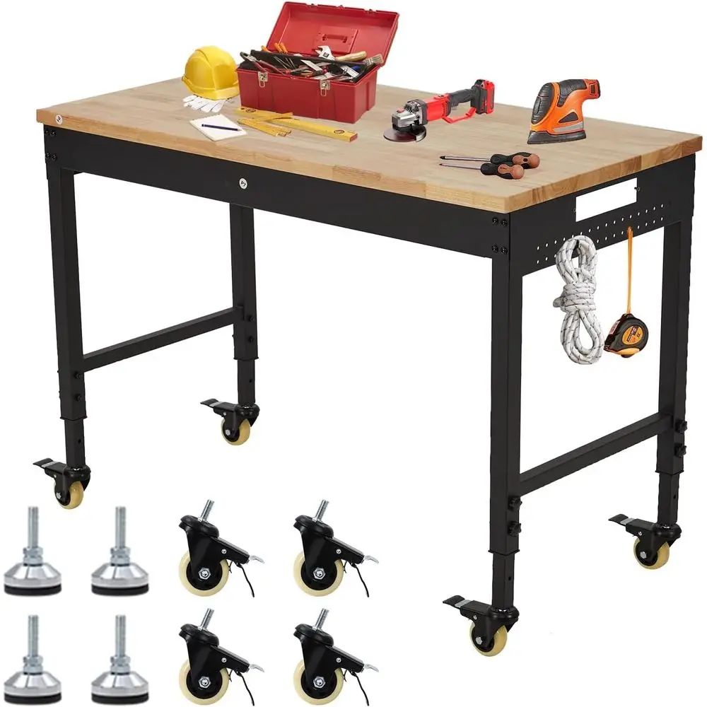 Heavy-Duty Adjustable Height 48x24 Garage Workbench with Wheels, Rubberwood Top, Power Outlet, Max 2000lbs Load
Heavy-Duty Adjustable Height 48x24 Garage Workbench with Wheels, Rubberwood Top, Power Outlet, Max 2000lbs Load