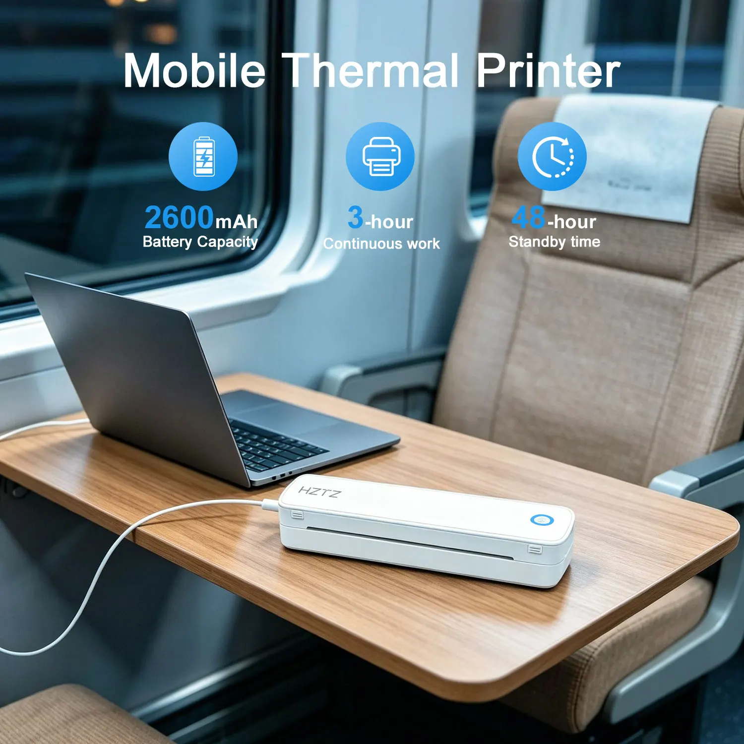 HZTZ Pocket-Friendly Wireless Thermal Printer, Compact 290mm Size, Inkless Printer for On-the-Go Printing