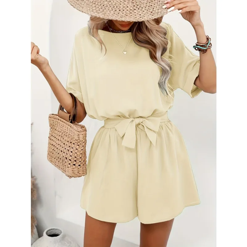 Women's 2 Piece Suit Casual Solid Round Neck Jumpsuit 2025 Summer Short Sleeve Twisted Bow Lace Up Fashion Top Shorts Jumpsuits
Women's 2 Piece Suit Casual Solid Round Neck Jumpsuit 2025 Summer Short Sleeve Twisted Bow Lace Up Fashion Top Shorts Jumpsuits
