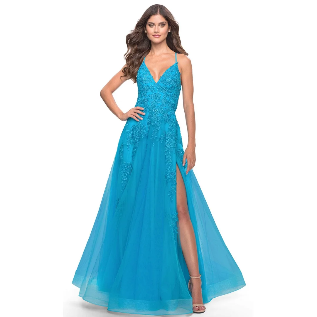Elegant Evening Dresses Women Spaghetti Straps Maxi Gown Lace Appliqued Slit vestido de novia Customized
Elegant Evening Dresses Women Spaghetti Straps Maxi Gown Lace Appliqued Slit vestido de novia Customized
