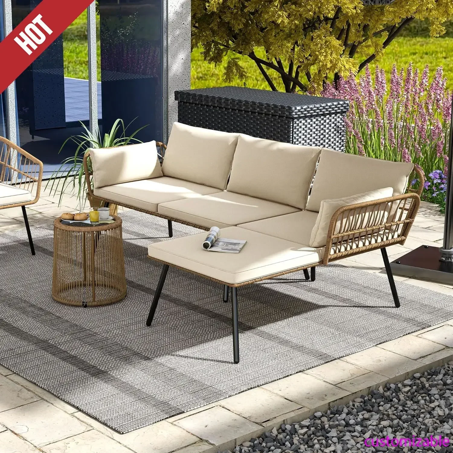 Patio Furniture Set 3Piece Outdoor Wicker Conversation Set with Detachable Cushions and Coffee Table L-Shaped Sectional Sofa Set
Patio Furniture Set 3Piece Outdoor Wicker Conversation Set with Detachable Cushions and Coffee Table L-Shaped Sectional Sofa Set