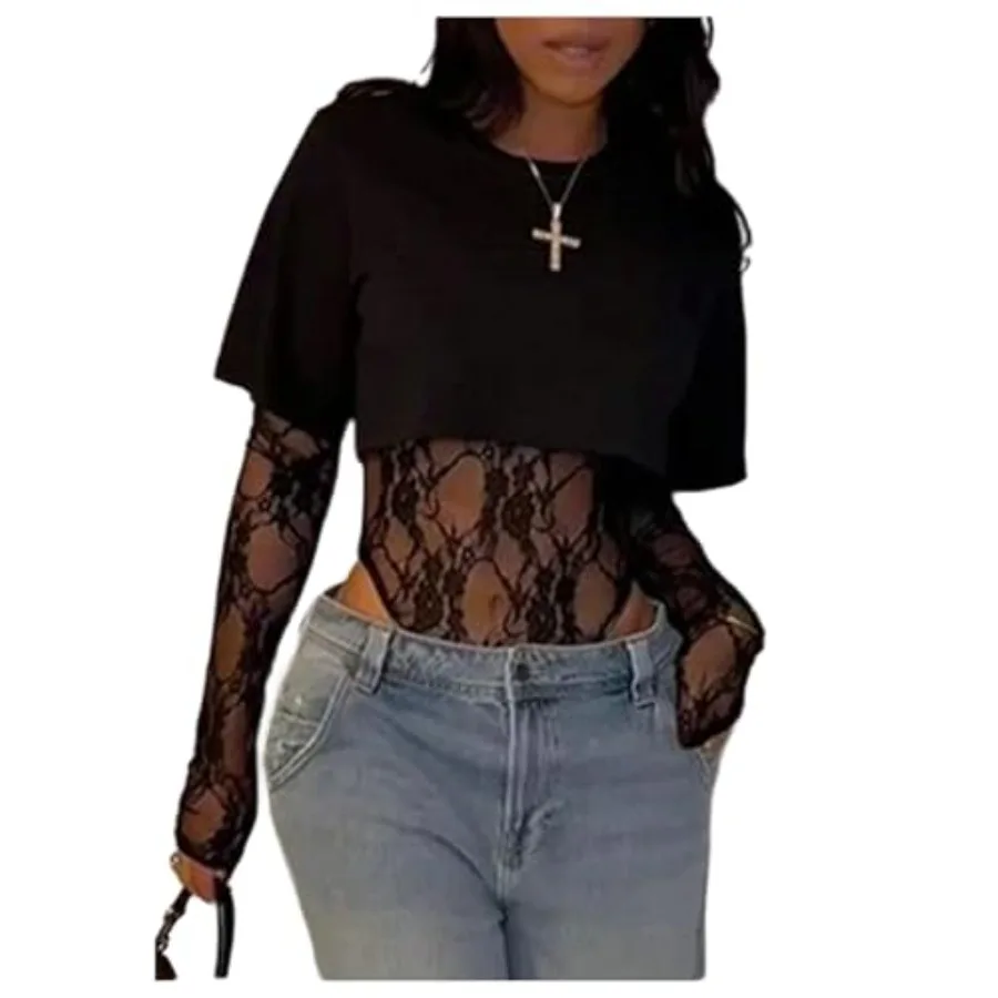 Milumia Women's Lace Bodysuit Y2K Pathwork See Through 2 in 1 Going Out Cropped Tee Tops Club Night Out Outfit Streetwear
Milumia Women's Lace Bodysuit Y2K Pathwork See Through 2 in 1 Going Out Cropped Tee Tops Club Night Out Outfit Streetwear