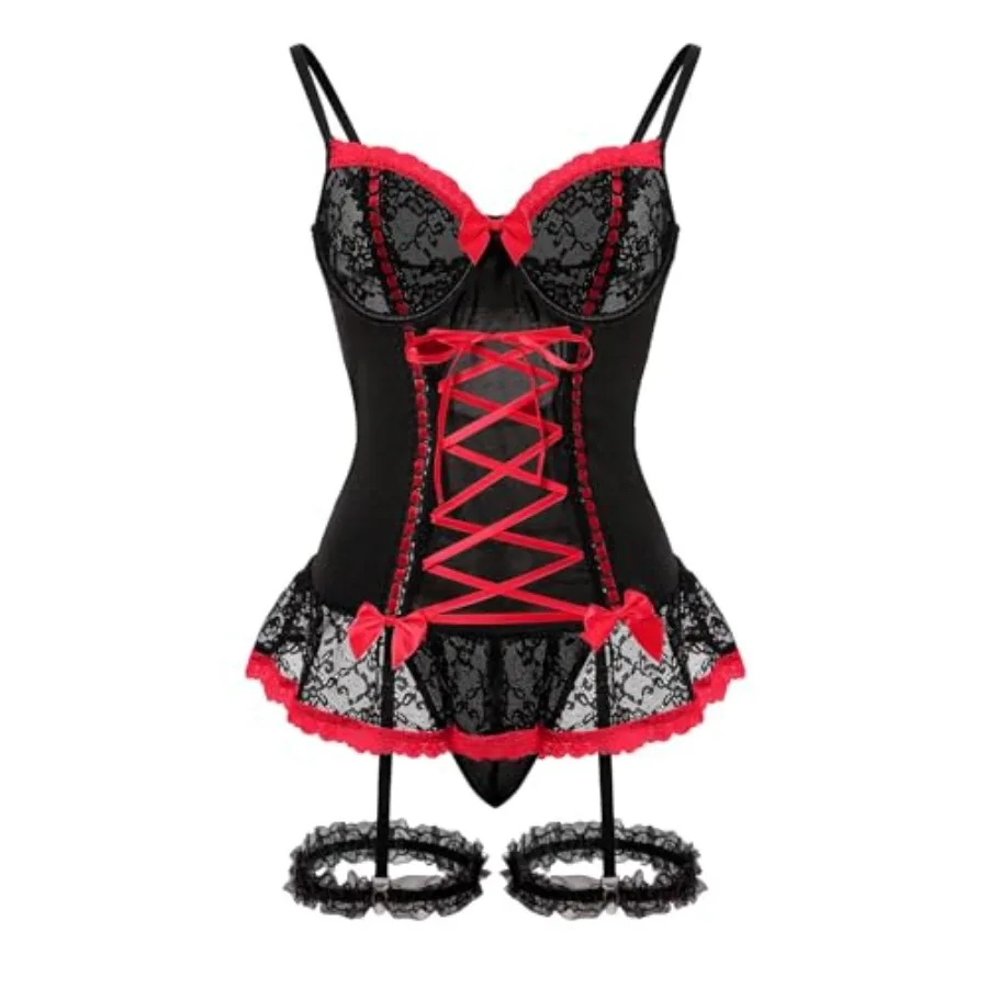 Foxiny Sexy Mesh Corset Ruffle Lace Up Underwire Sheer Garter Belt Babydoll Lingerie Set With Thong 3 Pcs Women
Foxiny Sexy Mesh Corset Ruffle Lace Up Underwire Sheer Garter Belt Babydoll Lingerie Set With Thong 3 Pcs Women