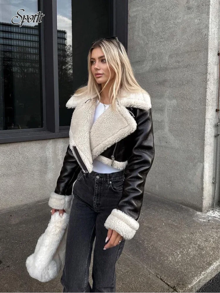 Women Lamb Wool Patchwork Short Leather Jacket Autumn Winter Women Elegant Lapel Zipper Cropped Coats New Lady Warm Outerwear
Women Lamb Wool Patchwork Short Leather Jacket Autumn Winter Women Elegant Lapel Zipper Cropped Coats New Lady Warm Outerwear