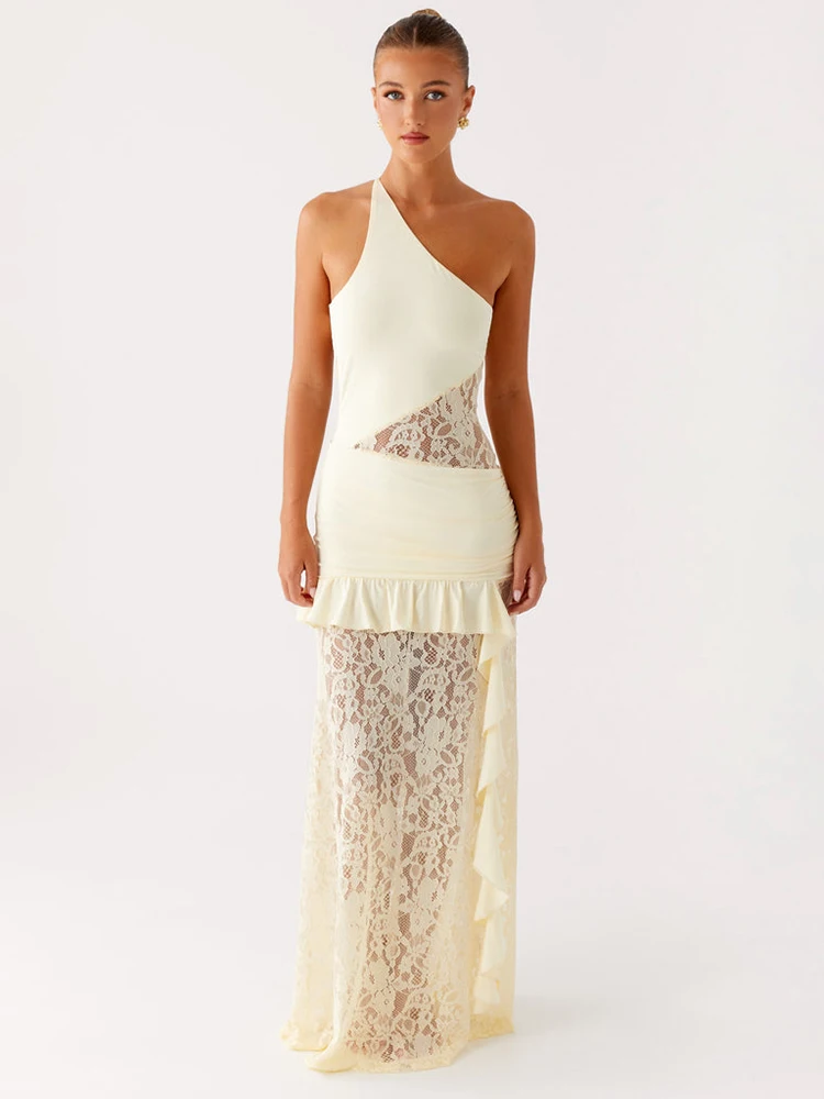 Lace Patchwork One Shoulder Sheer Maxi Dress Women Summer Fashion Sleeveless Lace-up Ruffle Robe Elegant Club Party Long Dress
Lace Patchwork One Shoulder Sheer Maxi Dress Women Summer Fashion Sleeveless Lace-up Ruffle Robe Elegant Club Party Long Dress