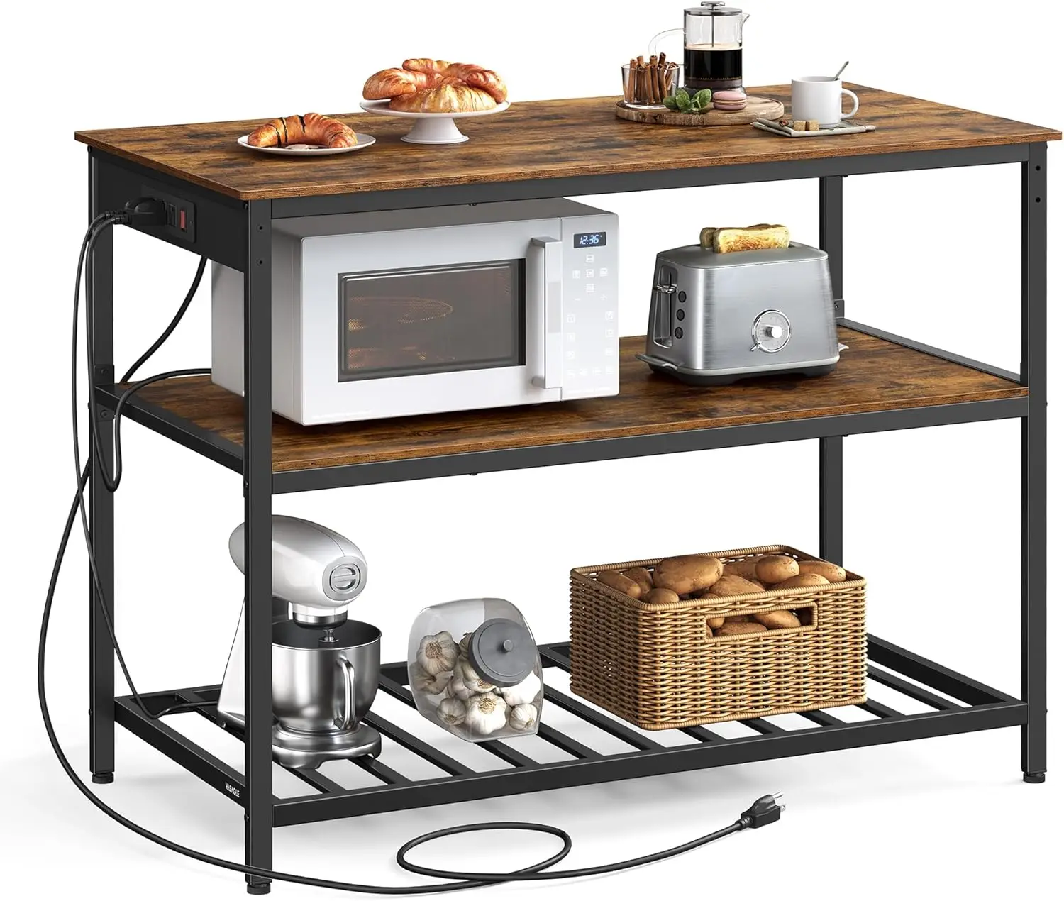 Kitchen Island with 3 Shelves, 47.2 Inches Width Kitchen Shelf with Power Strip, Large Worktop,Stable Steel Structure,Industrial
Kitchen Island with 3 Shelves, 47.2 Inches Width Kitchen Shelf with Power Strip, Large Worktop,Stable Steel Structure,Industrial