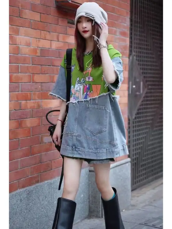Loose Fit Printed Half Sleeve T-Shirt Denim Patchwork Design Street Style Cotton Soy Protein Composite Fiber Spring Summer
Loose Fit Printed Half Sleeve T-Shirt Denim Patchwork Design Street Style Cotton Soy Protein Composite Fiber Spring Summer