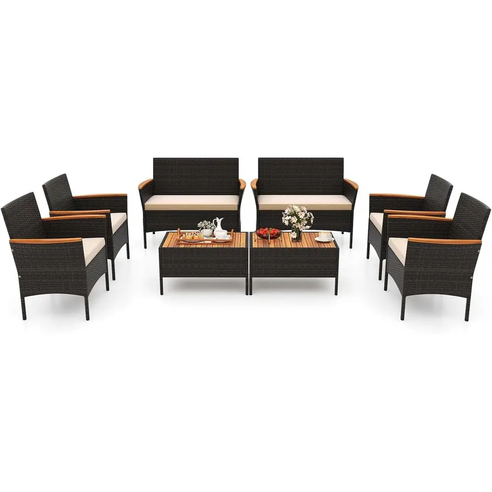 Patio Wicker Sofa Set, 2 Rattan Chairs & Loveseat with Coffee Table, Acacia Wood Armrests & Tabletop, Outdoor Cushioned Section
Patio Wicker Sofa Set, 2 Rattan Chairs & Loveseat with Coffee Table, Acacia Wood Armrests & Tabletop, Outdoor Cushioned Section