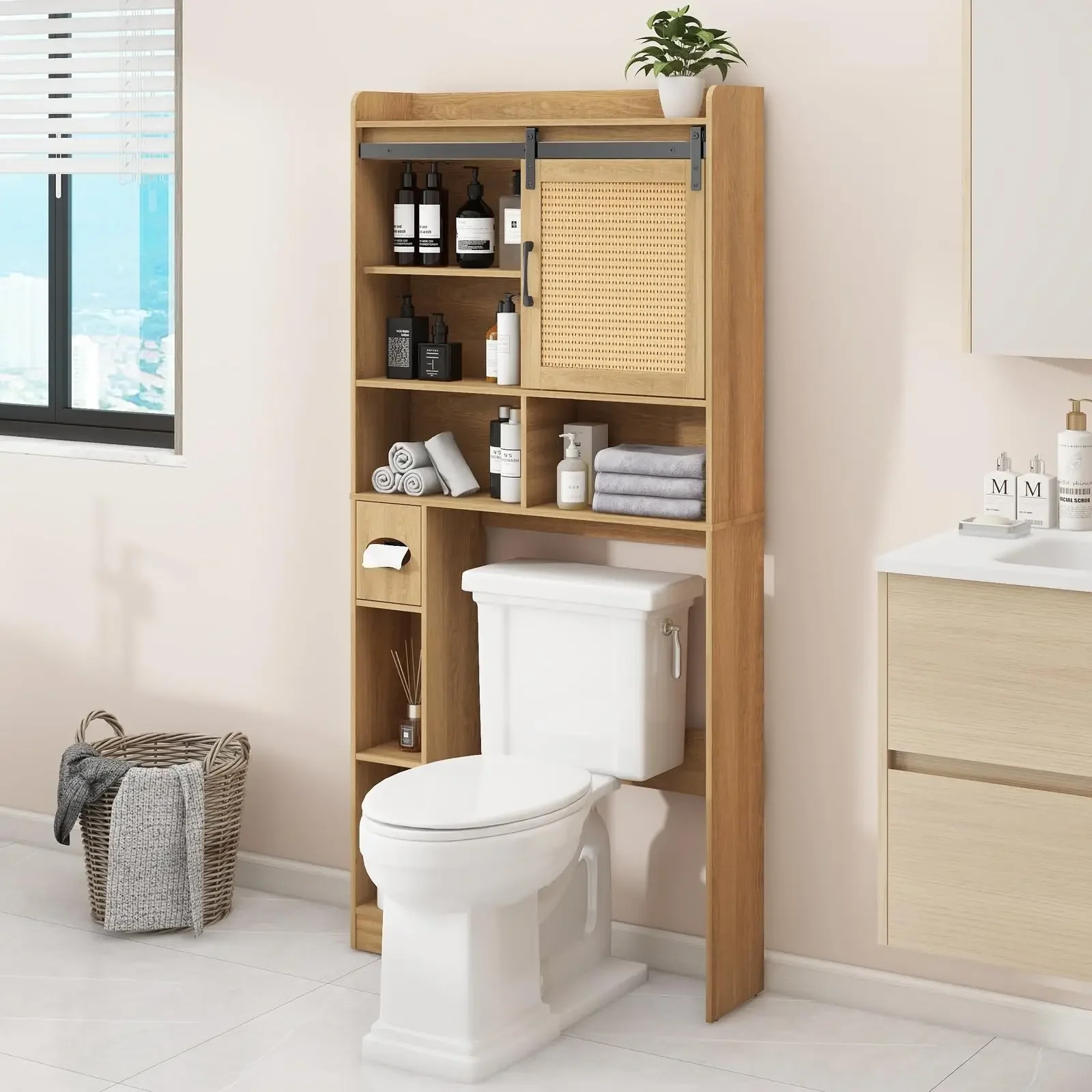Top Design Storage Cabinet Rattan Bathroom Organizer with Sliding Door&Toilet Paper Holder Space Saver Toilet Rack
Top Design Storage Cabinet Rattan Bathroom Organizer with Sliding Door&Toilet Paper Holder Space Saver Toilet Rack