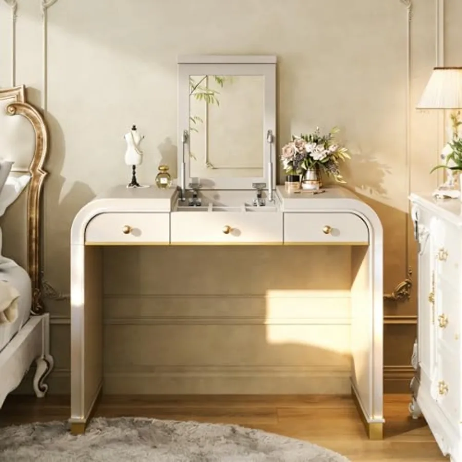 38.78" Classic Vanity Desk with Flip Mirror, 3-in-1 Dressing Table with Hidden Storage, Two Drawers, Compact Makeup Desk or Bed
38.78" Classic Vanity Desk with Flip Mirror, 3-in-1 Dressing Table with Hidden Storage, Two Drawers, Compact Makeup Desk or Bed