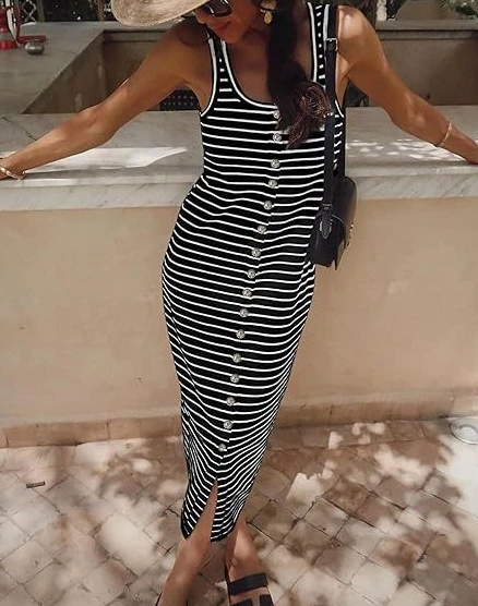2024 Women's Casual Streetwear Trend Striped Print U-Neck Sleeveless Button Front Loose Straight Hot Selling Dress
2024 Women's Casual Streetwear Trend Striped Print U-Neck Sleeveless Button Front Loose Straight Hot Selling Dress