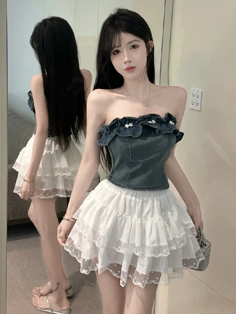 Slimming Pure Desire Sweet Spicy Diamond Embellished Show Clavicle Denim Short Vest High Waist Puffy Half Skirt Set for Women
Slimming Pure Desire Sweet Spicy Diamond Embellished Show Clavicle Denim Short Vest High Waist Puffy Half Skirt Set for Women
