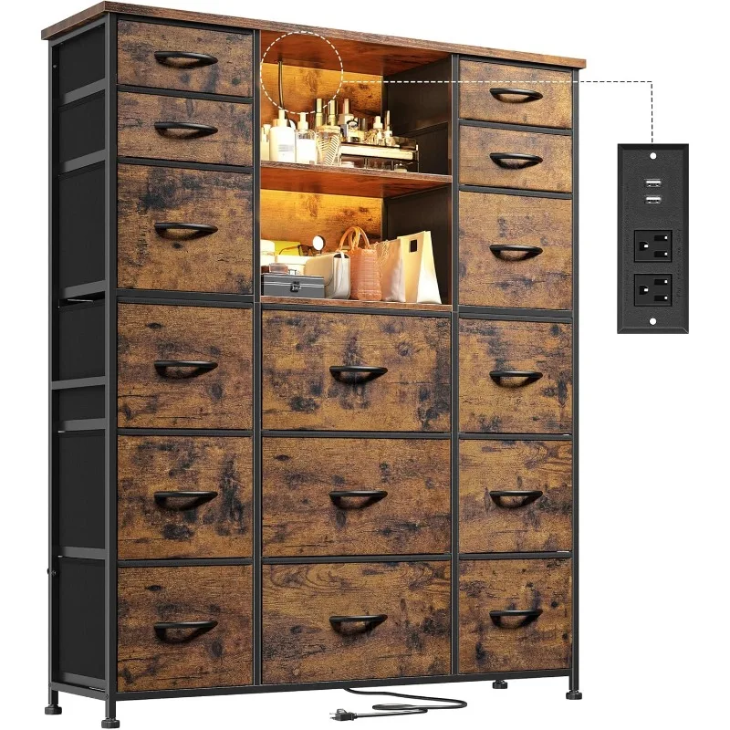 51"H Tall Dresser with 15 Drawers Dresser for Bedroom with Charging Station & LED Lights & Hutch Sturdy Fabric Bedroom Dressers, 
51"H Tall Dresser with 15 Drawers Dresser for Bedroom with Charging Station & LED Lights & Hutch Sturdy Fabric Bedroom Dressers,
