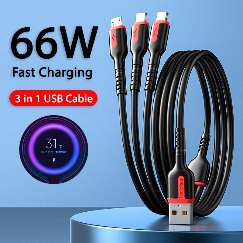 66W 6A 3 in 1 Fast Charge Type C Cable Micro USB Cable for Huawei Xiaomi Redmi POCO Mobile Phone Accessories Charger USB C Cable
66W 6A 3 in 1 Fast Charge Type C Cable Micro USB Cable for Huawei Xiaomi Redmi POCO Mobile Phone Accessories Charger USB C Cable