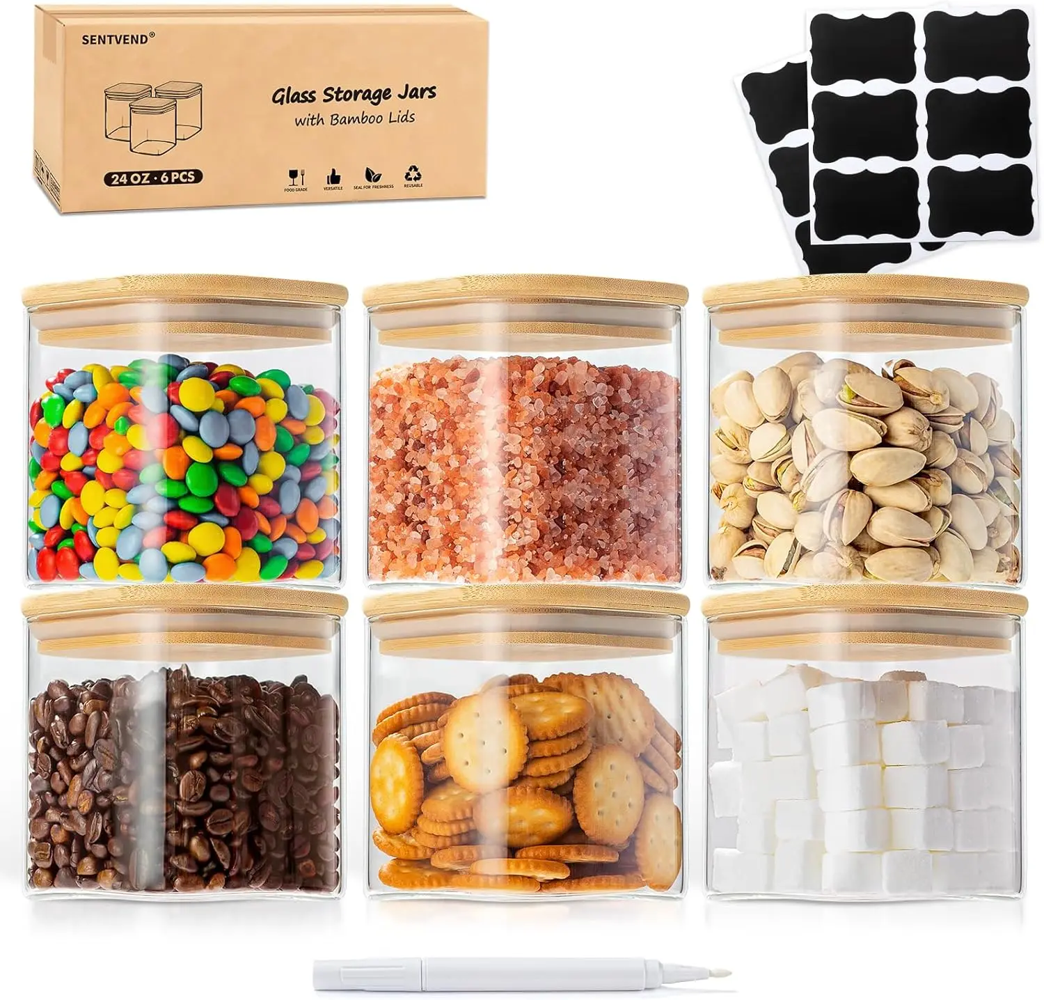 24 Oz Glass Storage Jars with Bamboo Lids - 6 Pack Clear Glass Canisters Square Airtight Stackable Ideal for Pantry Storage C
24 Oz Glass Storage Jars with Bamboo Lids - 6 Pack Clear Glass Canisters Square Airtight Stackable Ideal for Pantry Storage C