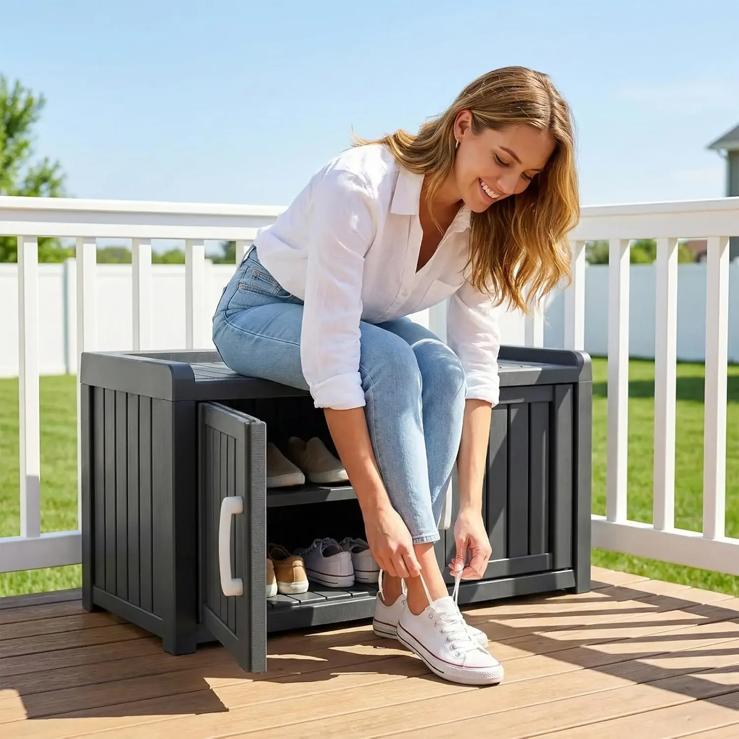 Outdoor Storage Bench, Weather-Resistant Resin Shoe Cabinet with Seat, 32 Inch Deck Box for Front Porch, Garage & Packages, Tool
Outdoor Storage Bench, Weather-Resistant Resin Shoe Cabinet with Seat, 32 Inch Deck Box for Front Porch, Garage & Packages, Tool