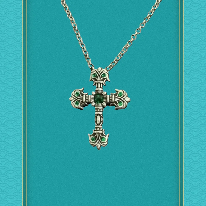 Silver-Tone Ornate Cross Pendant Necklace with Emerald Crystal Accents
Silver-Tone Ornate Cross Pendant Necklace with Emerald Crystal Accents