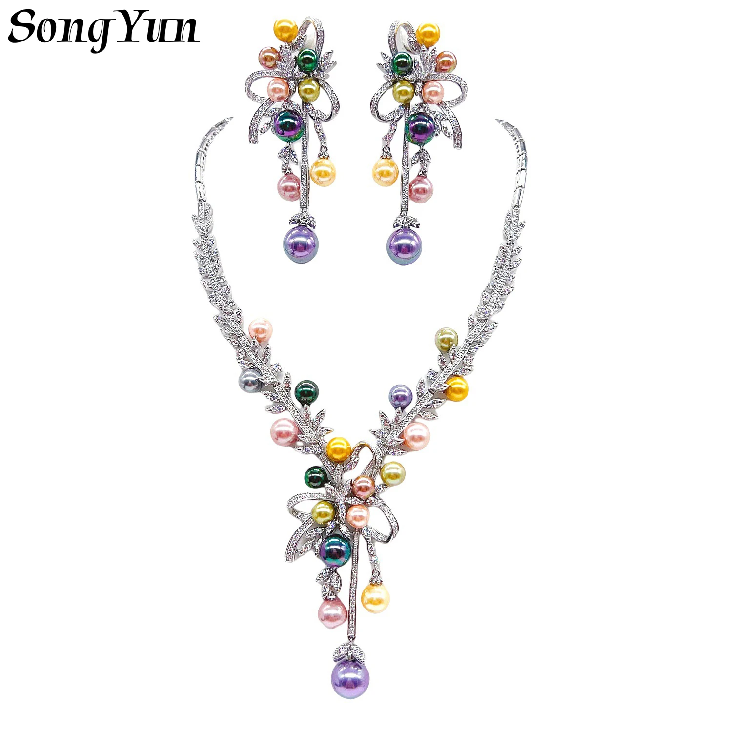 Luxurious Elegant Colorful Pearl Bow Earrings Necklace Set Women Fashionable Cubic Zircon Leaf Design Banquet Party Jewelry Set
Luxurious Elegant Colorful Pearl Bow Earrings Necklace Set Women Fashionable Cubic Zircon Leaf Design Banquet Party Jewelry Set