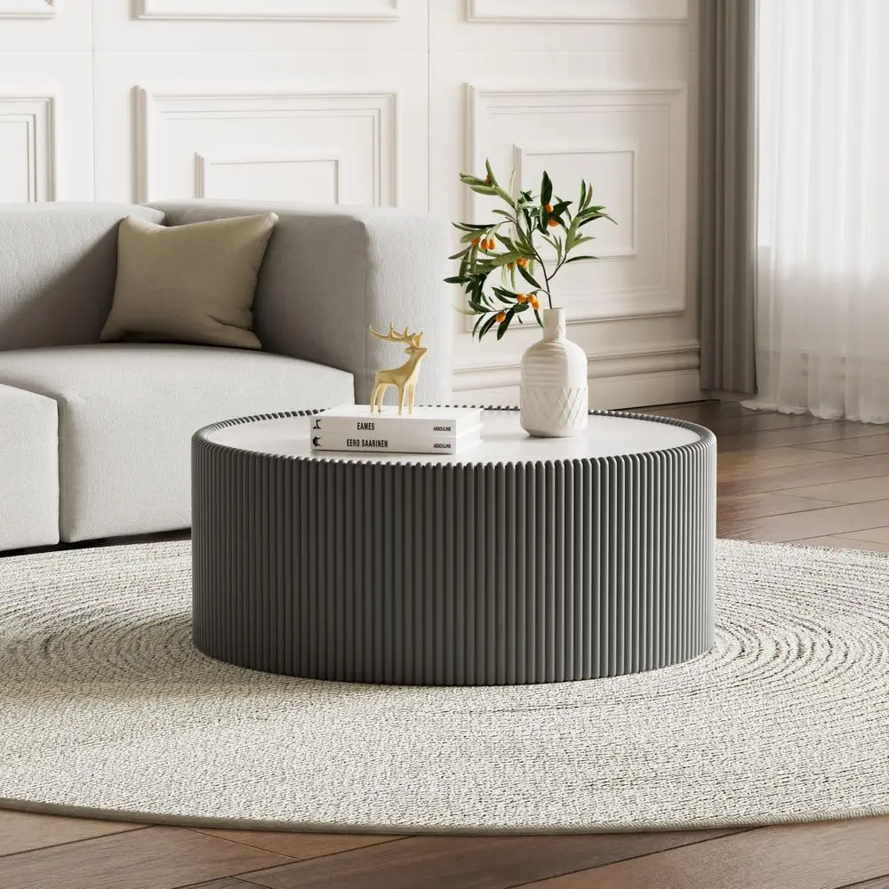 Round Coffee Table, 29.52 Drum Coffee Table with Sintered Stone Tabletop and Fluted PU Leather Covered and Stable Base, Circle
Round Coffee Table, 29.52 Drum Coffee Table with Sintered Stone Tabletop and Fluted PU Leather Covered and Stable Base, Circle
