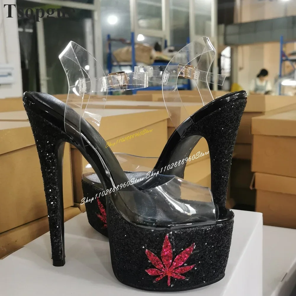 Bling Black Platform Maple Applique PVC Sandals Thin High Heel Shoes For Women Ankle Buckle Strap Open Toe Party Stylish Shoes
Bling Black Platform Maple Applique PVC Sandals Thin High Heel Shoes For Women Ankle Buckle Strap Open Toe Party Stylish Shoes
