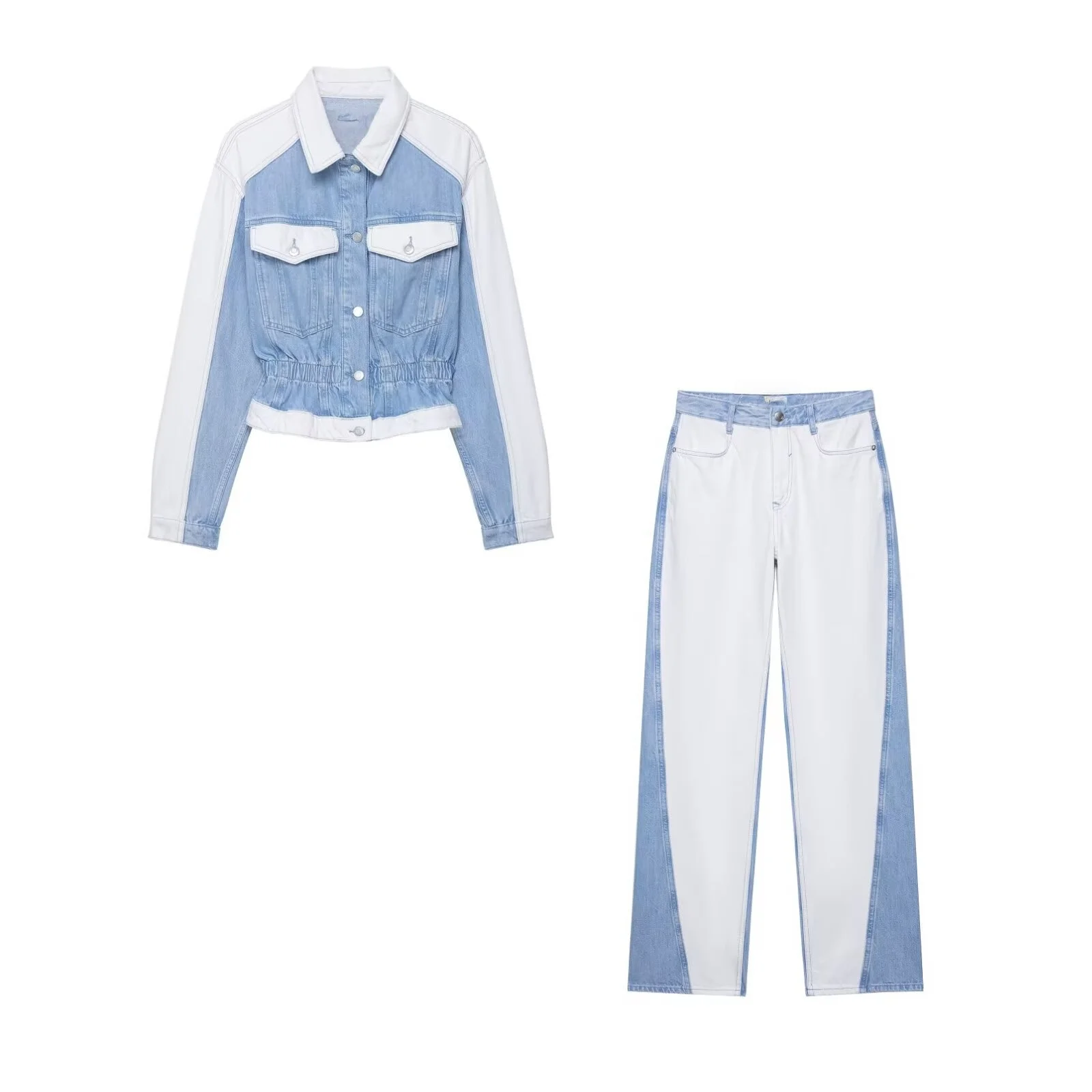 PB&ZA2025 women's autumn new contrast color stitching casual denim jacket + mid-waist straight contrast color stitching jeans 
PB&ZA2025 women's autumn new contrast color stitching casual denim jacket + mid-waist straight contrast color stitching jeans