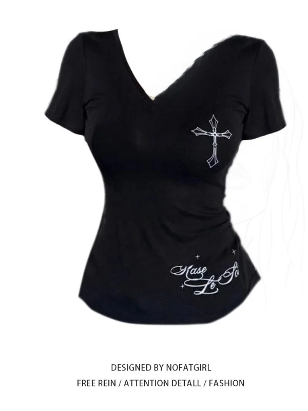 plus Size Women's Slim Fit Short Sleeve T-Shirt V-Neck Cross Design Casual Breathable Black Top for Young Girls Summer Fashion
plus Size Women's Slim Fit Short Sleeve T-Shirt V-Neck Cross Design Casual Breathable Black Top for Young Girls Summer Fashion