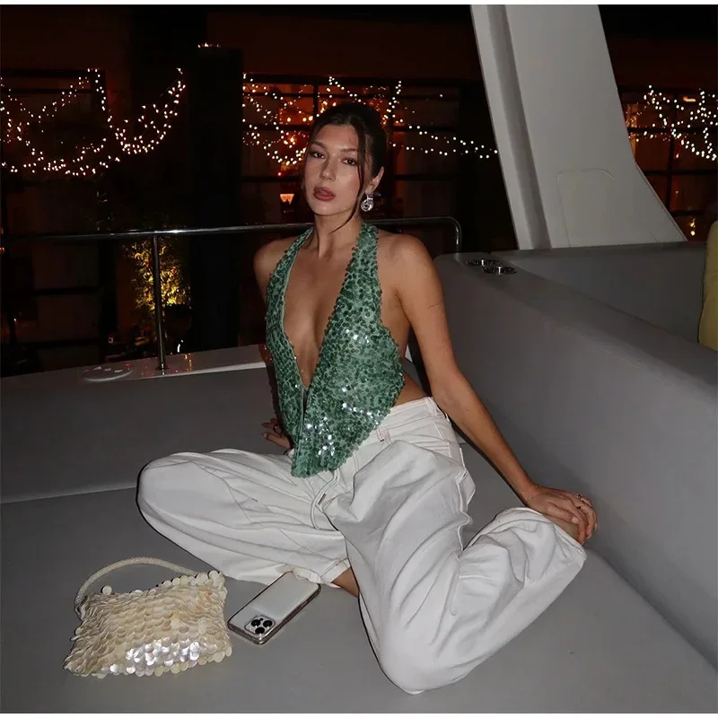 2025 Summer Women Sexy Sequins Tank Crop Tops Swinging Collar Sleeveless Halter Backless Party Clubwear Vests Vacation Camis
2025 Summer Women Sexy Sequins Tank Crop Tops Swinging Collar Sleeveless Halter Backless Party Clubwear Vests Vacation Camis