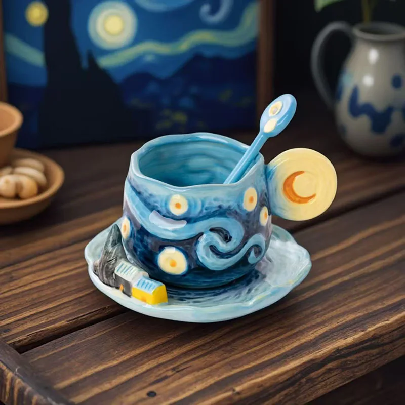 Cute Van Gogh Starry Night Sunflower Iris Peach Blossom 3D Hand Painted Ceramic Coffee Mug with Saucer and Spoon Gift for Girls
Cute Van Gogh Starry Night Sunflower Iris Peach Blossom 3D Hand Painted Ceramic Coffee Mug with Saucer and Spoon Gift for Girls
