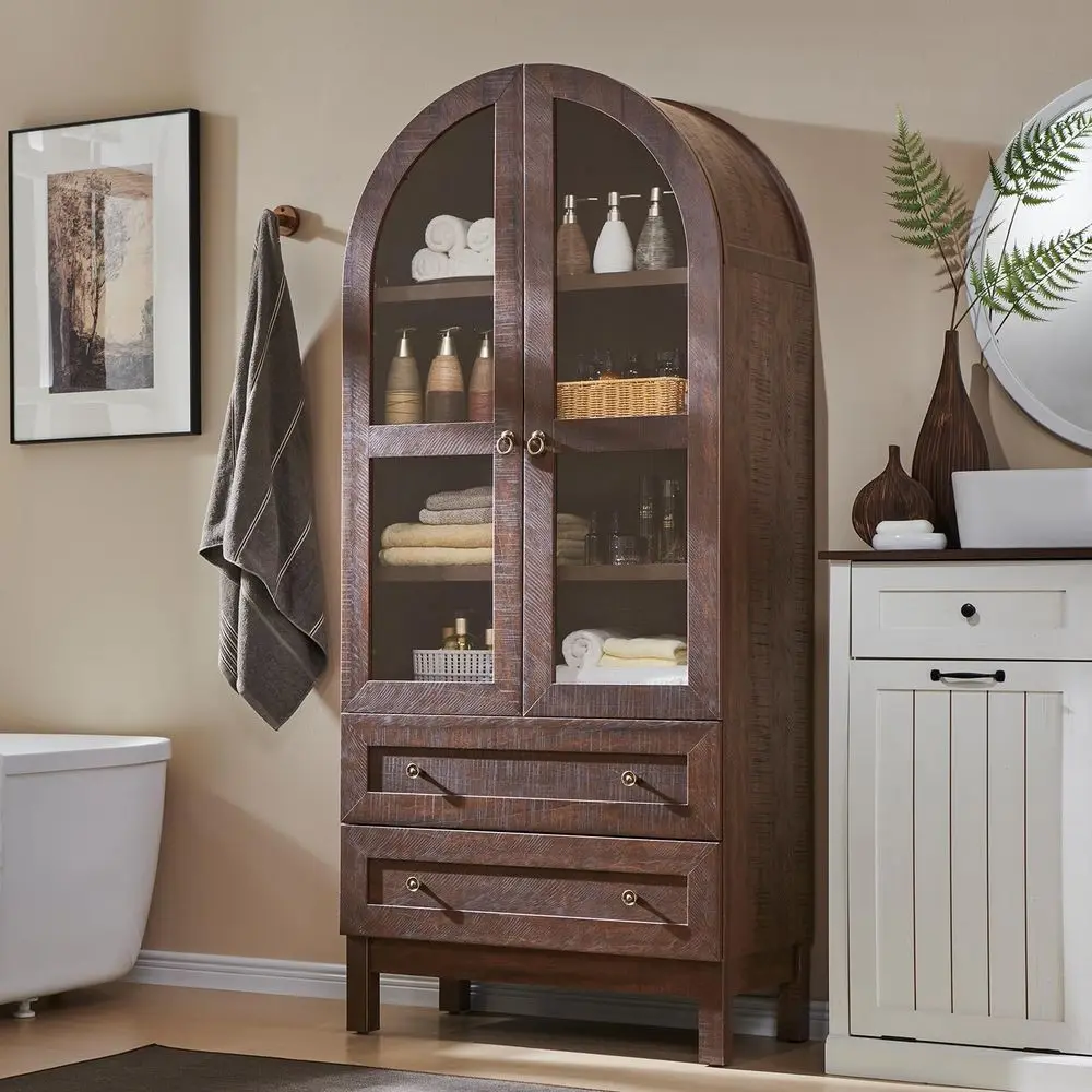 71 High Arched 4-Tier Wooden Bathroom Cabinet with Glass Doors and Adjustable Shelves, Brown
71 High Arched 4-Tier Wooden Bathroom Cabinet with Glass Doors and Adjustable Shelves, Brown