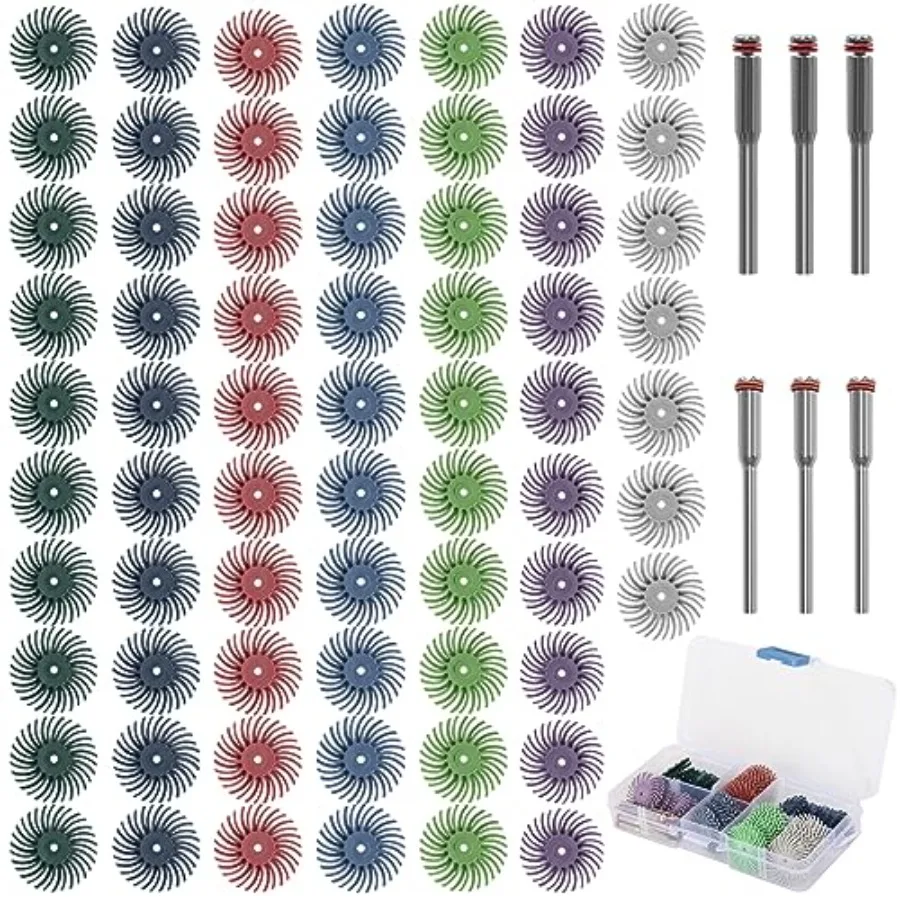 76Pcs 1 Inch Mini Radial Bristle Disc Mix Kit with 2.35mm/3mm Mandrels for Rotary Tools Accories Cleaning Deburring Sanding, Gr
76Pcs 1 Inch Mini Radial Bristle Disc Mix Kit with 2.35mm/3mm Mandrels for Rotary Tools Accories Cleaning Deburring Sanding, Gr