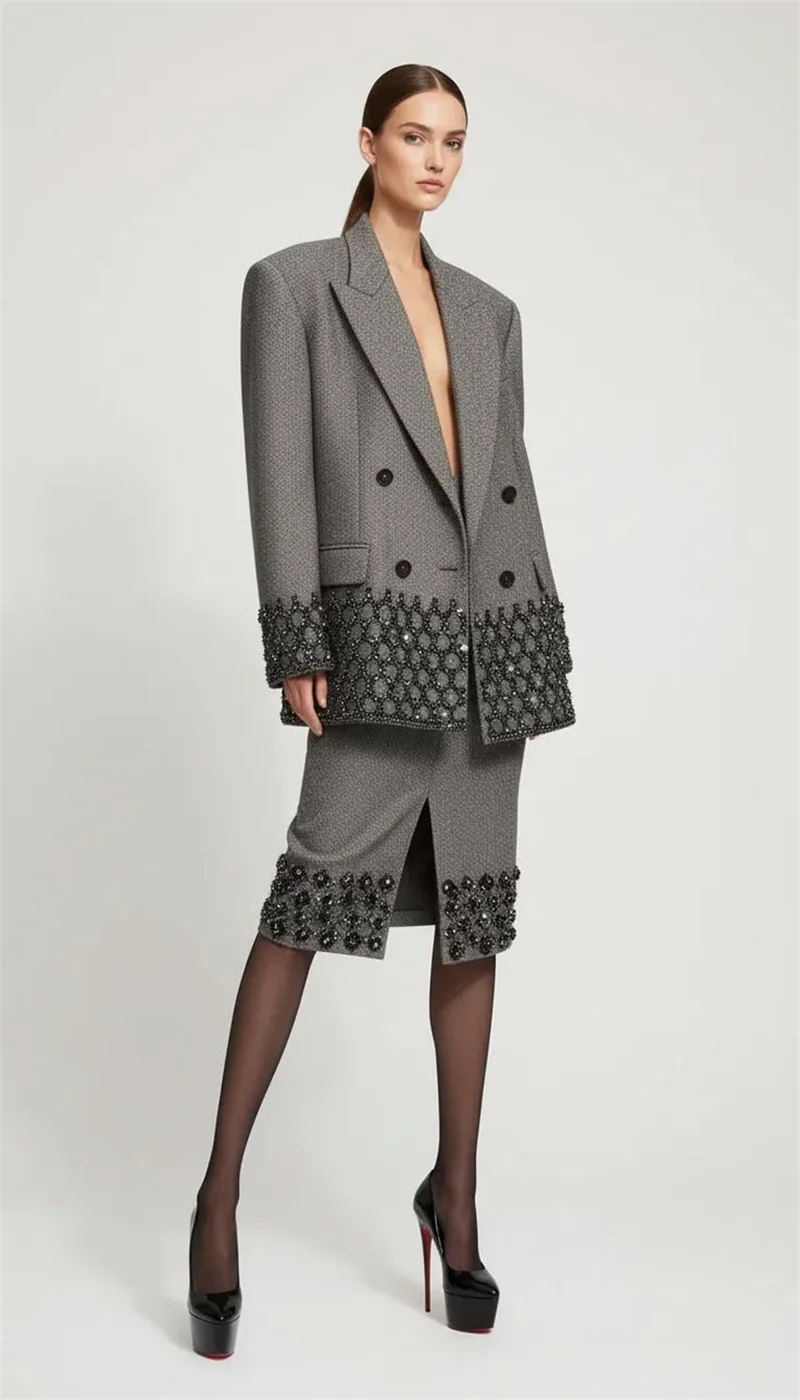 Formal Grey Women Suit Set 2 Pcs Crystals Blazer+Midi Prom Dress Spring Business Office Lady Jacket Wedding Coat Customized
Formal Grey Women Suit Set 2 Pcs Crystals Blazer+Midi Prom Dress Spring Business Office Lady Jacket Wedding Coat Customized