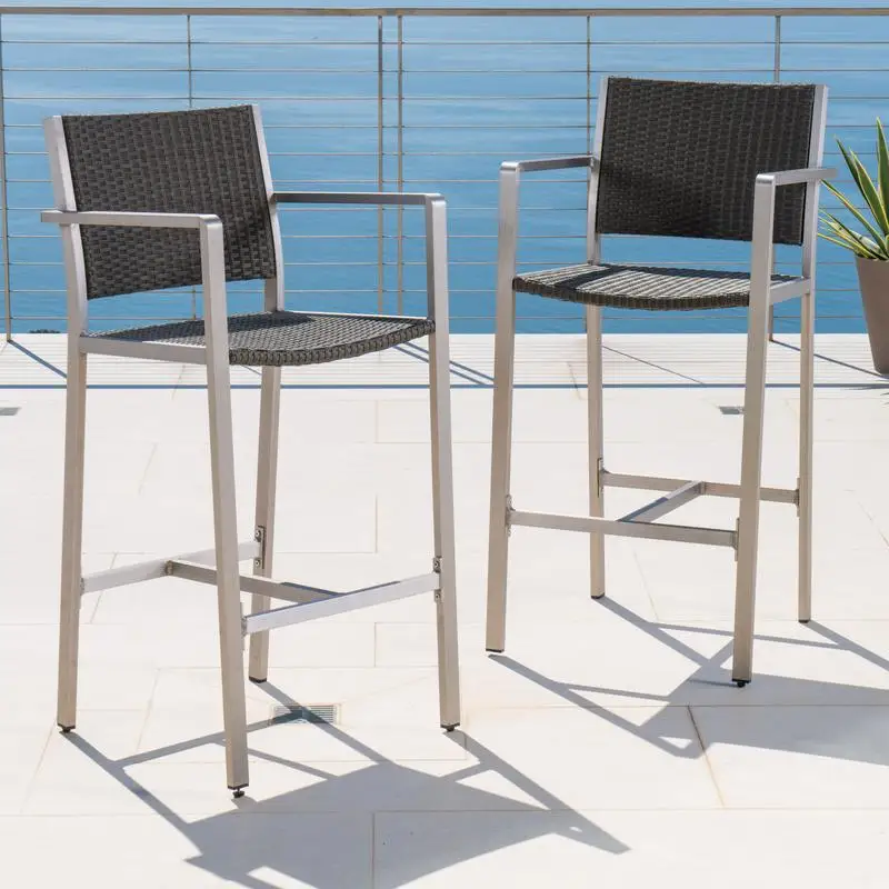 29.5" Rust-Proof Aluminum Barstools with Rattan Seat and Backrest, Set of 2, Silver & Gray
29.5" Rust-Proof Aluminum Barstools with Rattan Seat and Backrest, Set of 2, Silver & Gray