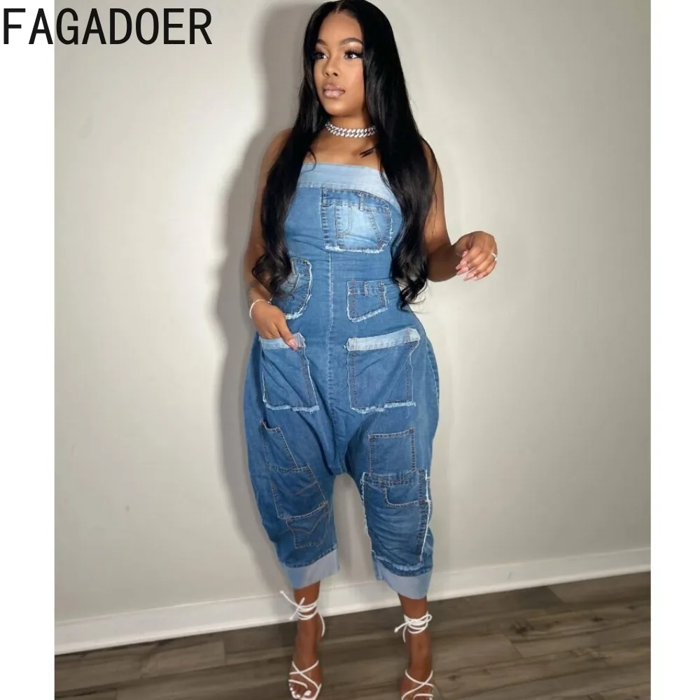 FAGADOER Fashion Streetwear Women Denim Pocket Splicing Loose Tube Jumpsuit Women Off Shoulder Sleeveless Backless Playsuit 2024
FAGADOER Fashion Streetwear Women Denim Pocket Splicing Loose Tube Jumpsuit Women Off Shoulder Sleeveless Backless Playsuit 2024