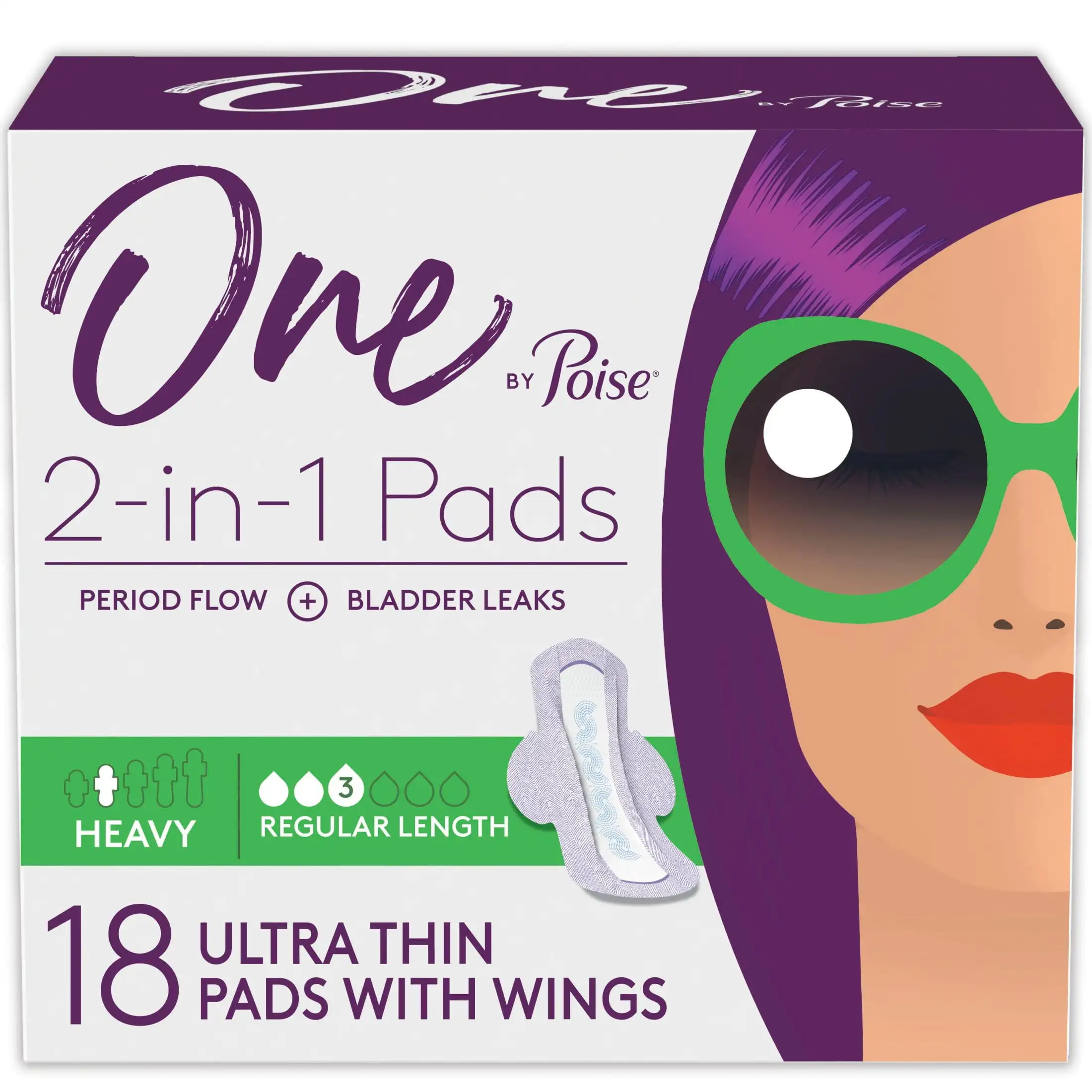 One by Feminine Pads with Wings, Heavy Absorbency Period & Incontinence Pads, 18 Count
One by Feminine Pads with Wings, Heavy Absorbency Period & Incontinence Pads, 18 Count