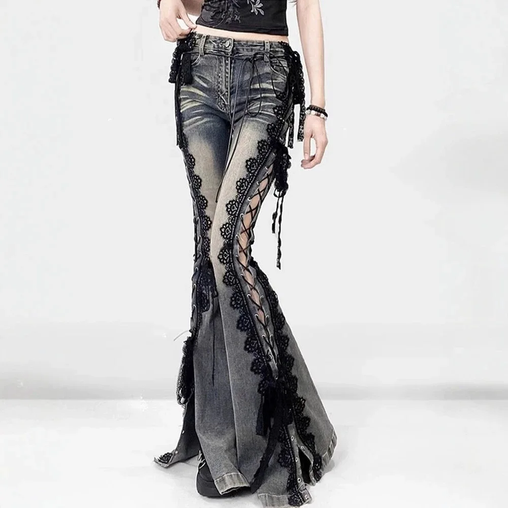Retro Eyelets Lace Up Flare Jeans Stitch Lace Whiskers Slim Low Rise Split Bootcut Pants Women Bell Bottoms Streetwear
Retro Eyelets Lace Up Flare Jeans Stitch Lace Whiskers Slim Low Rise Split Bootcut Pants Women Bell Bottoms Streetwear